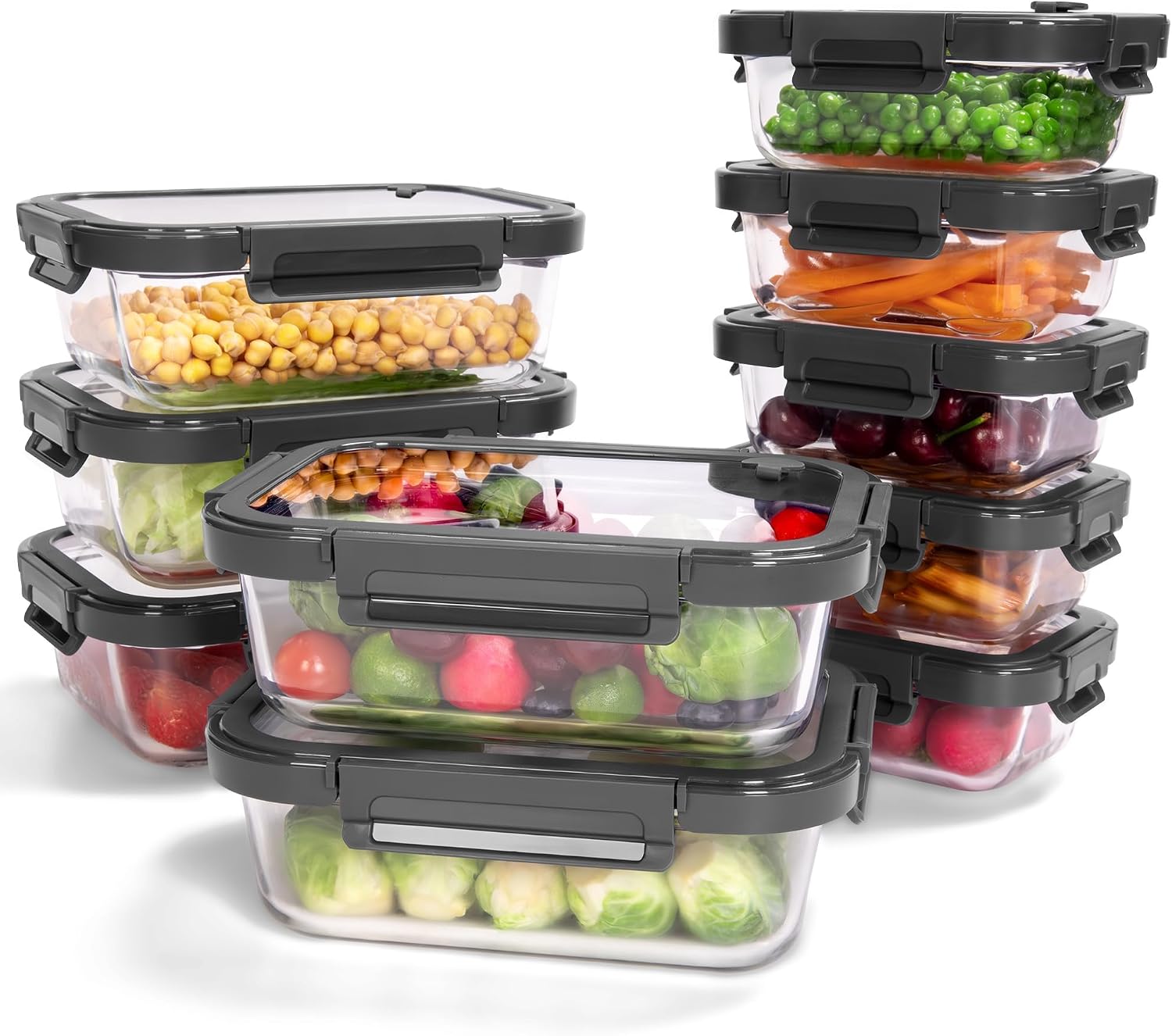 10 Pack Borosilicate Glass Food Storage Containers with Tempered Glass Lids, Grey