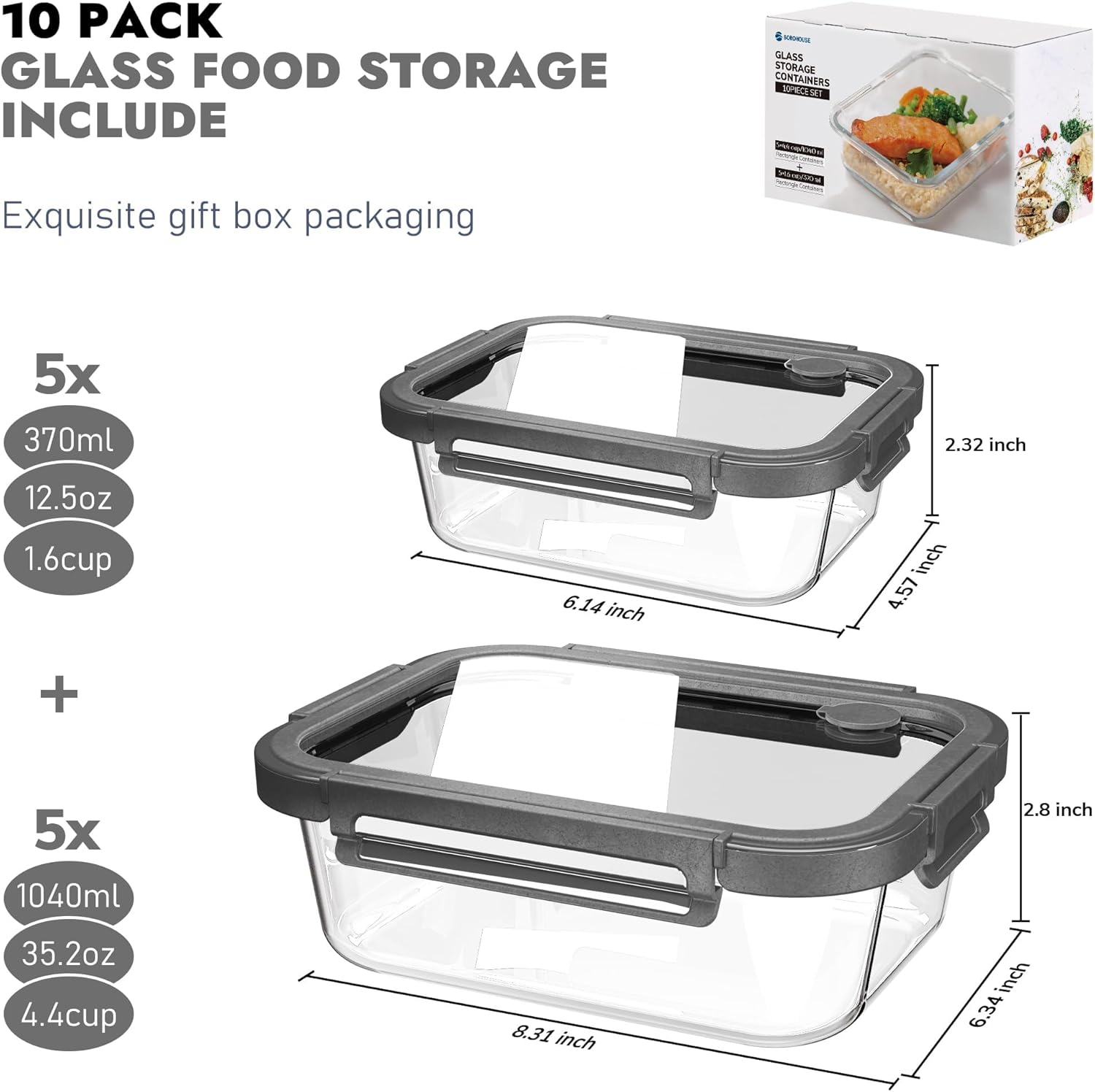10 Pack Borosilicate Glass Food Storage Containers with Tempered Glass Lids, Grey