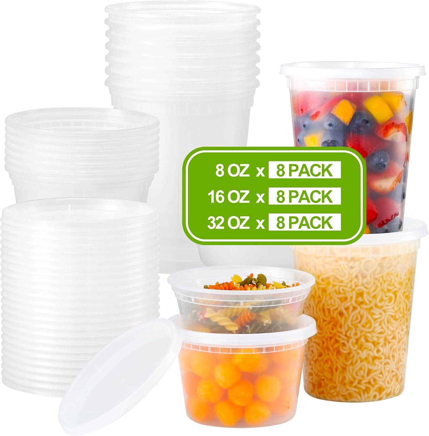 24 Set Plastic Deli Food Containers with Lids, 8 oz, 16 oz and 32 oz