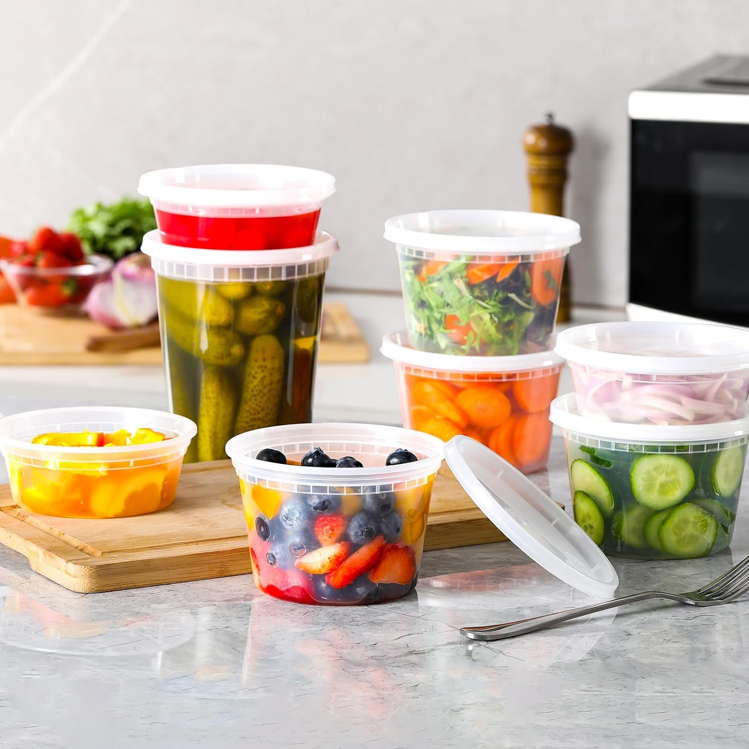 24 Set Plastic Deli Food Containers with Lids, 8 oz, 16 oz and 32 oz