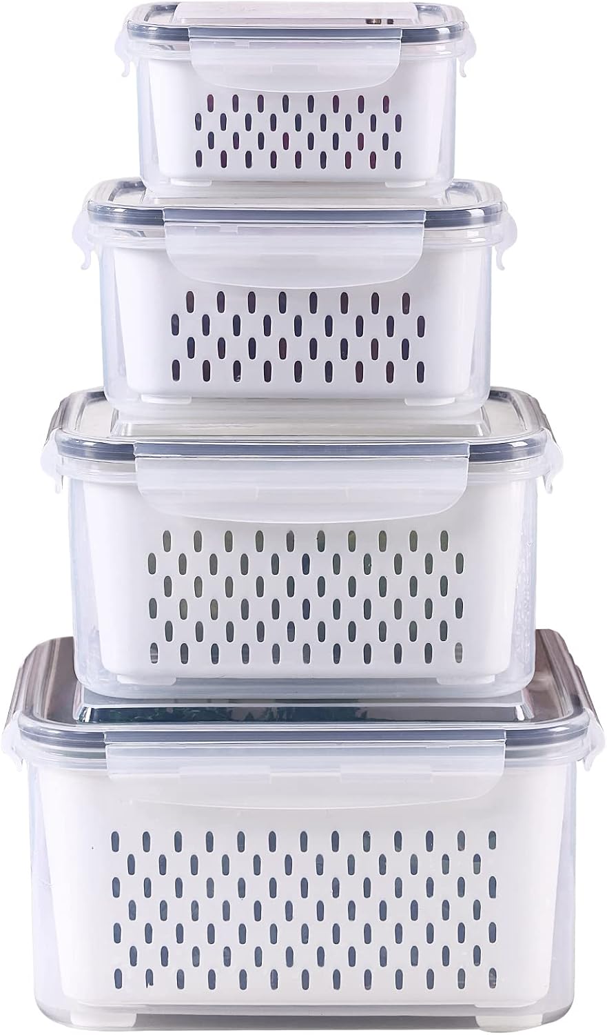 4 Pack Large Fridge Storage Containers with Strainer for Fruit and Vegetables