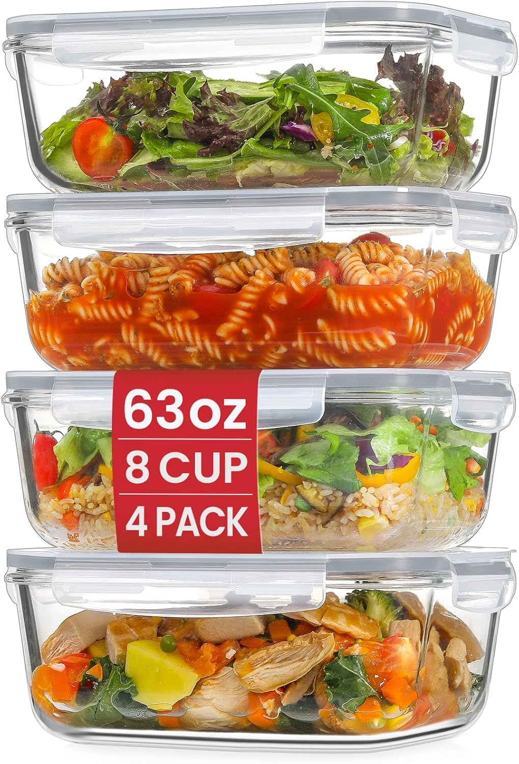 4 Pack Large Glass Storage Containers with Airtight Lids, 8 Cups, 63 oz