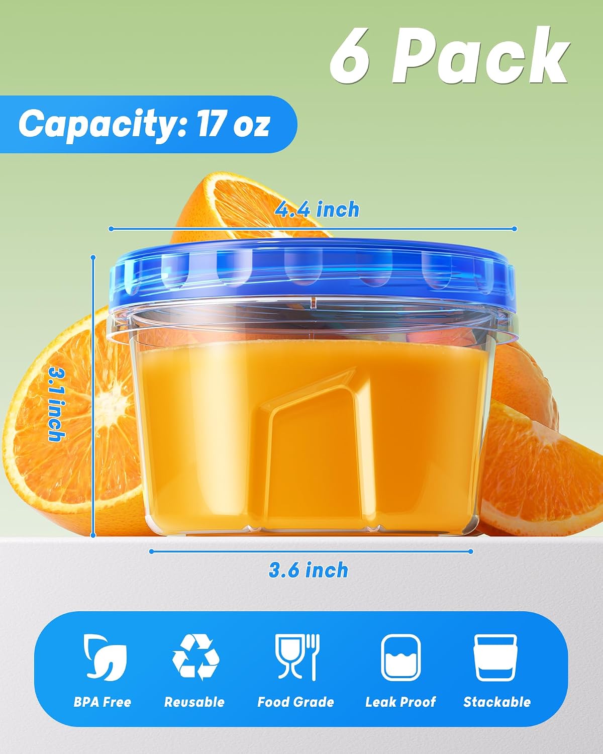 6 Pack Freezer Storage Containers with Twist Top Lids, 17 oz