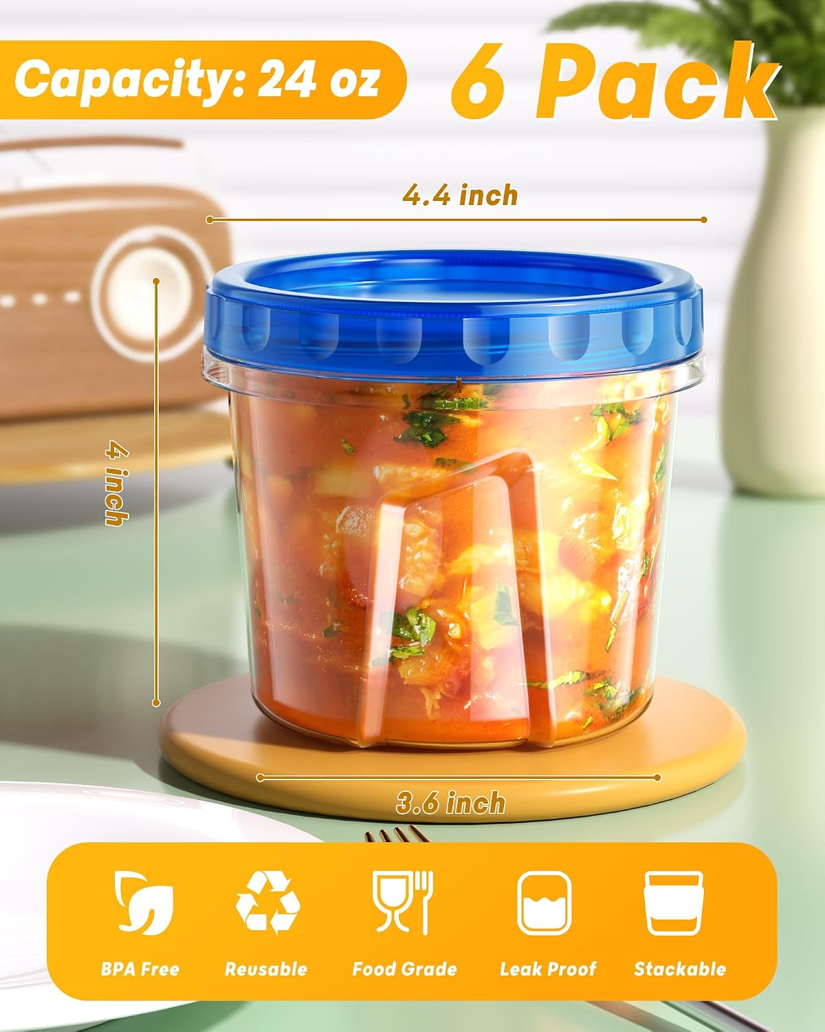 6 Pack Freezer Storage Containers with Twist Top Lids, 24 oz