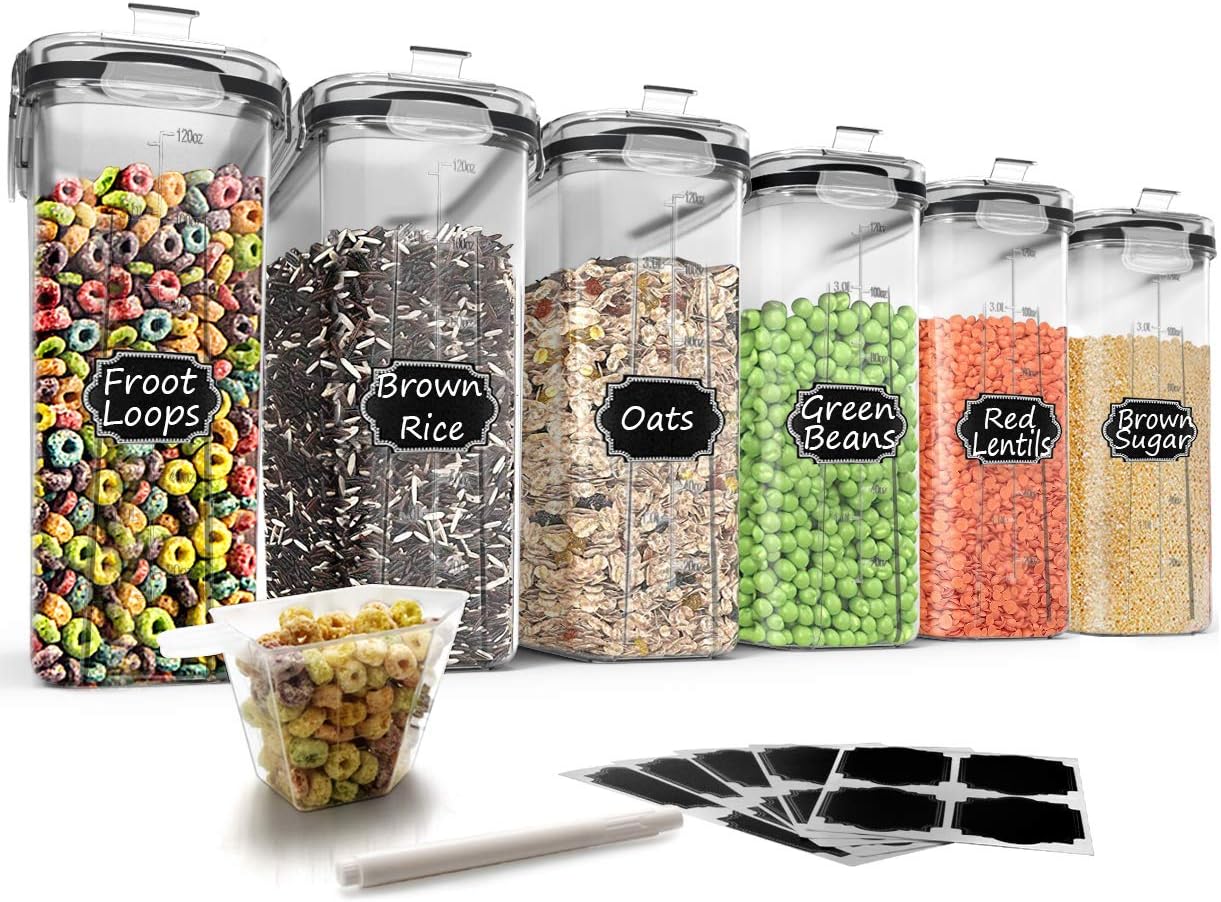 6 Piece Cereal Storage Container Set, 4 L, with 20 Labels and Marker, Black