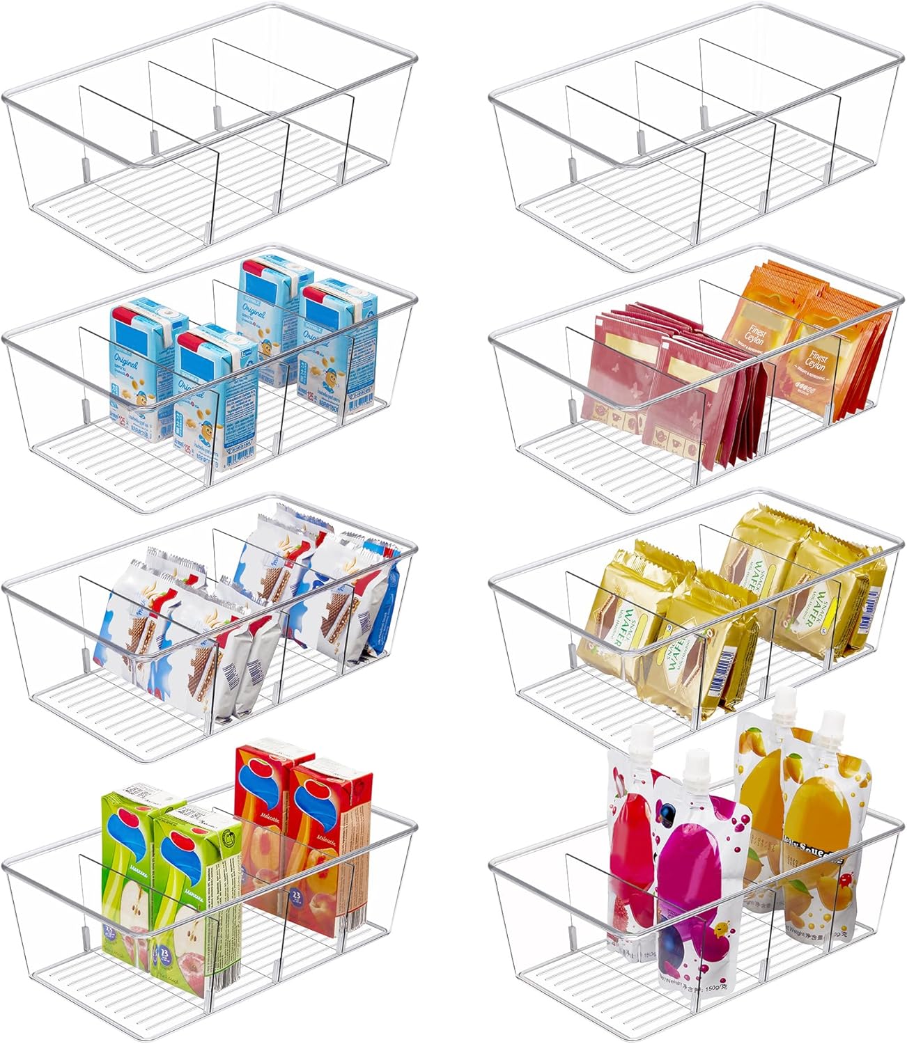 8 Pack Clear Pantry Organiser Bins with 4 Compartments