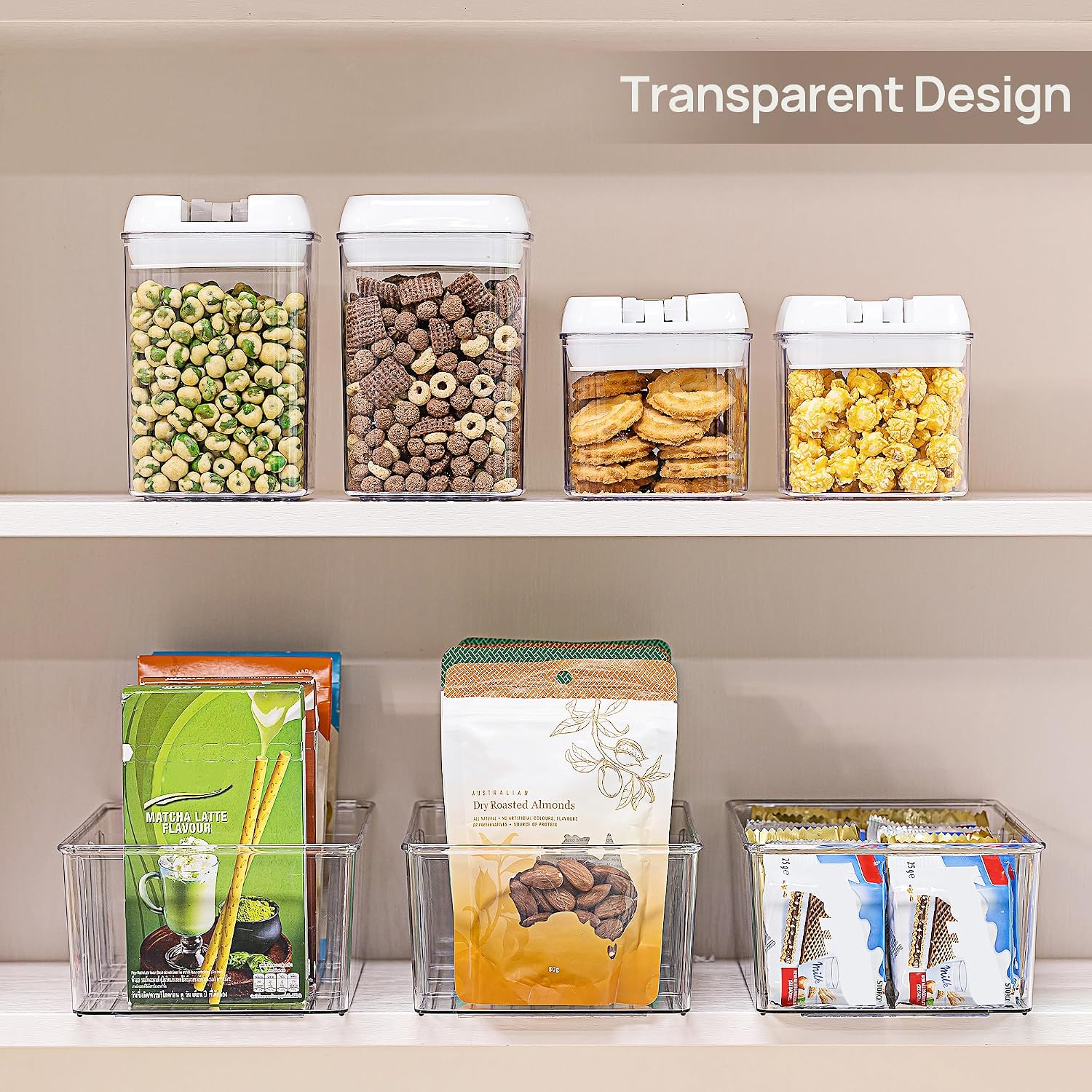 8 Pack Clear Pantry Organiser Bins with 4 Compartments